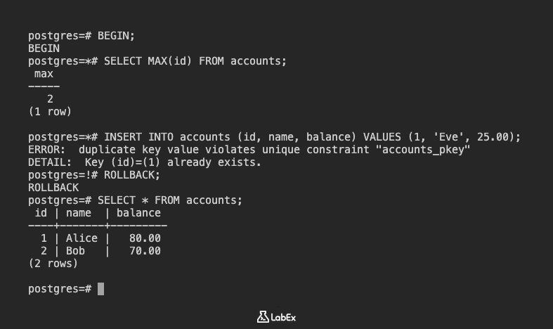 PostgreSQL 事务回滚示例