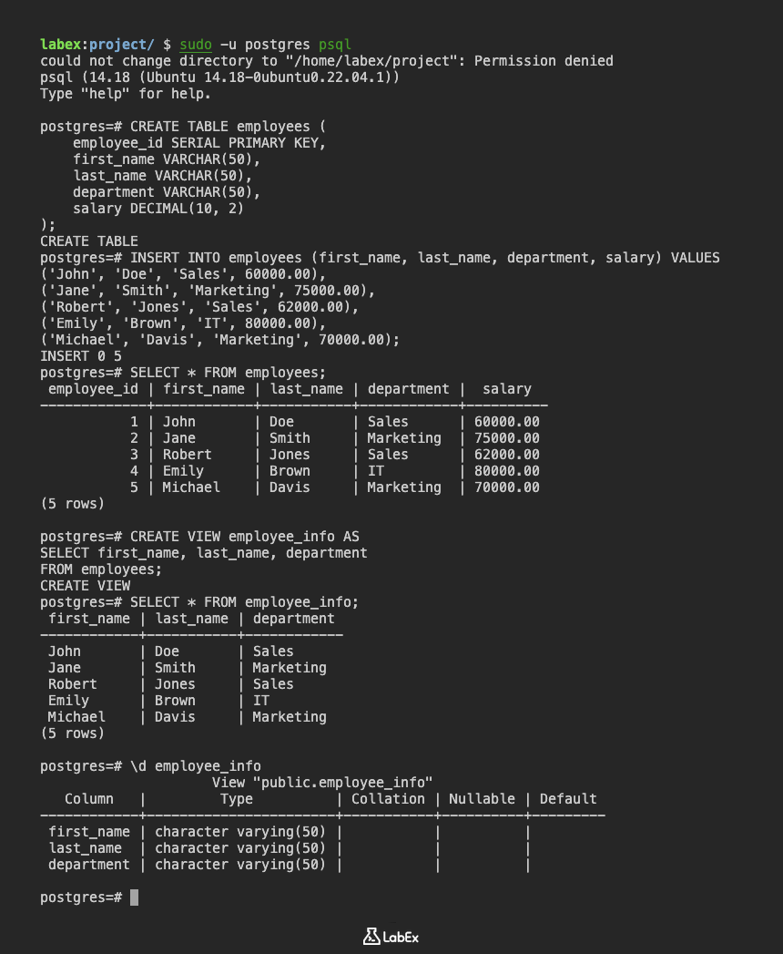PostgreSQL employee_info 视图描述
