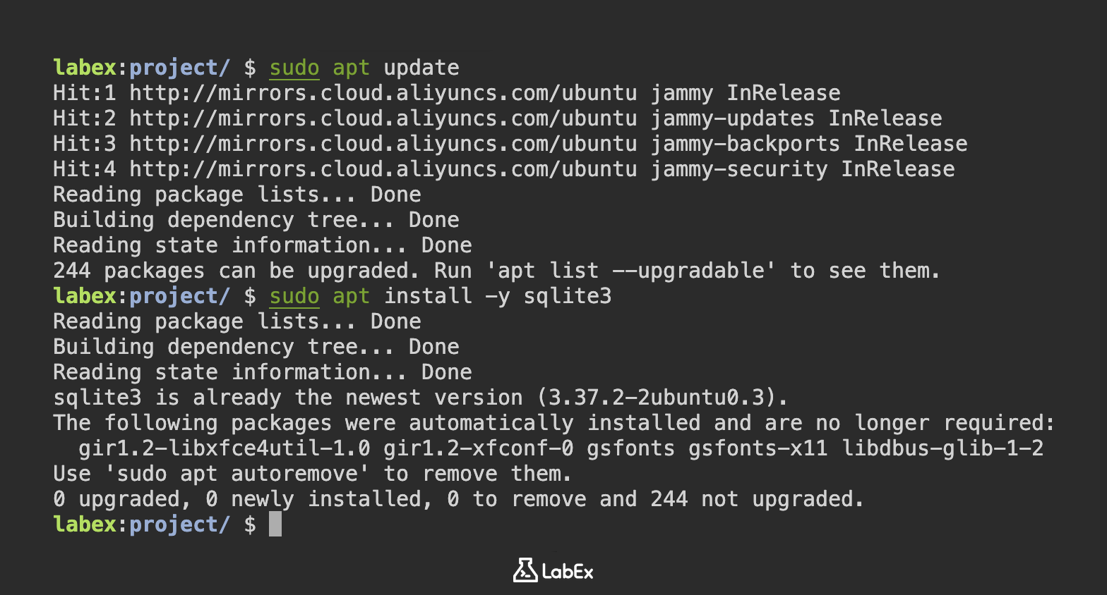 Screenshot of SQLite installation progress