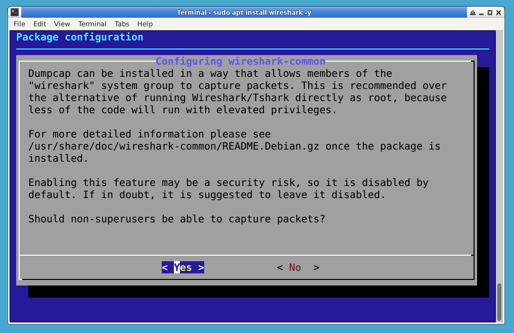 Aviso de instalación de Wireshark