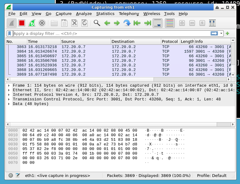 Ventana de captura de paquetes de Wireshark