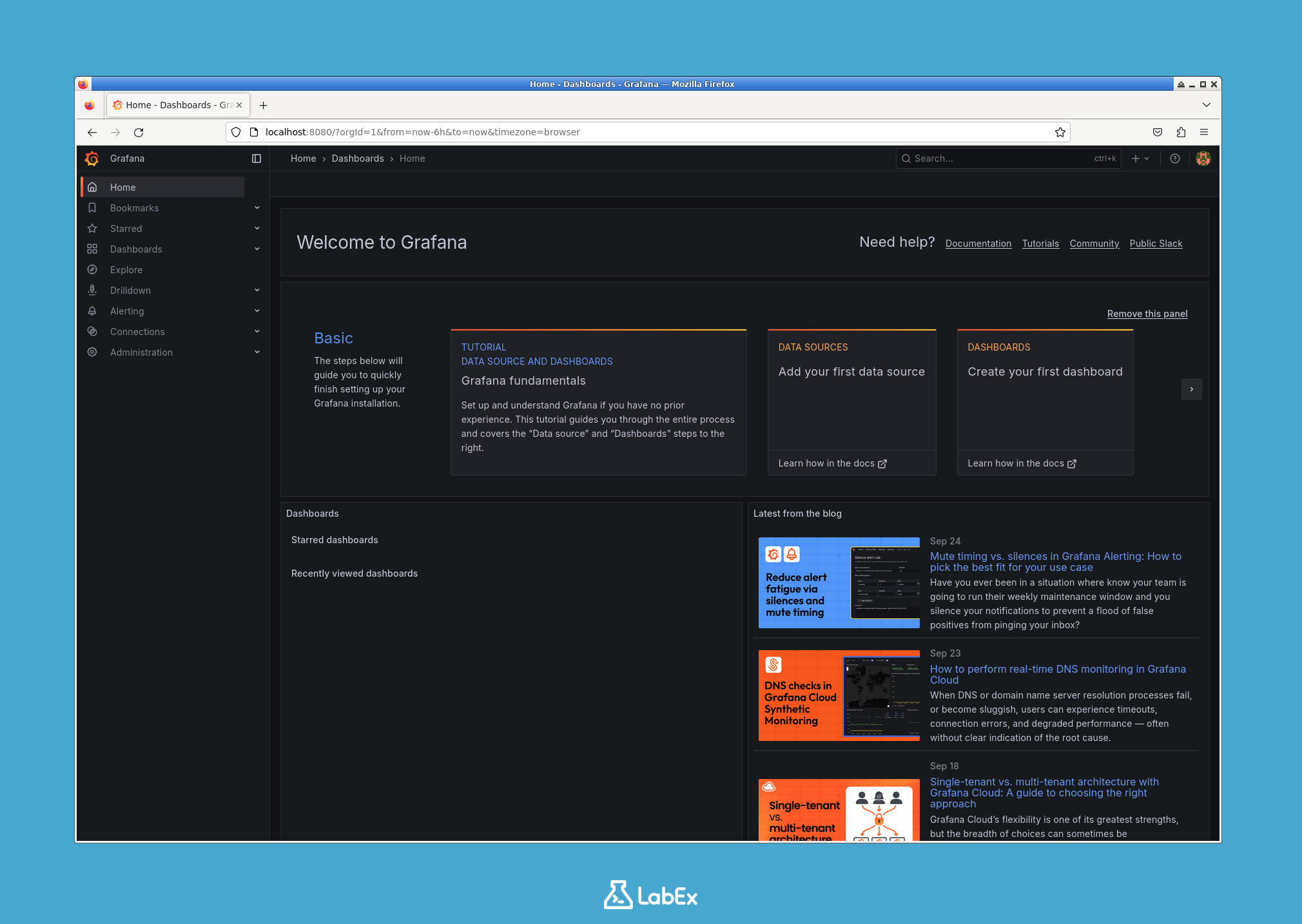 Página de inicio de sesión de Grafana con credenciales de administrador