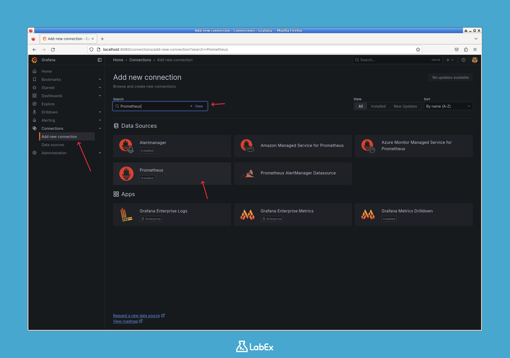Interfaz de usuario de Grafana mostrando la selección de la fuente de datos Prometheus