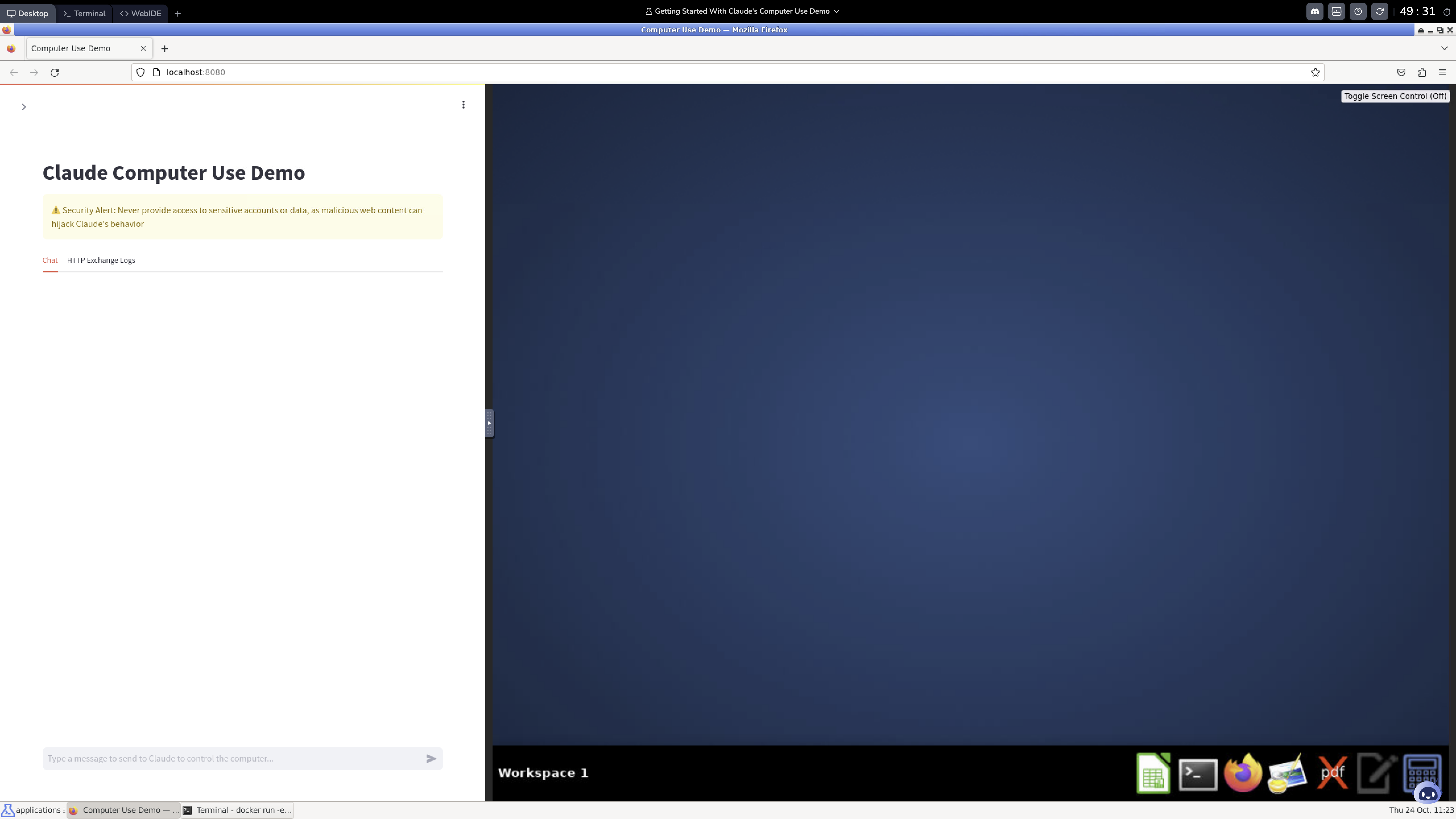 Captura de tela da interface da demonstração do Firefox
