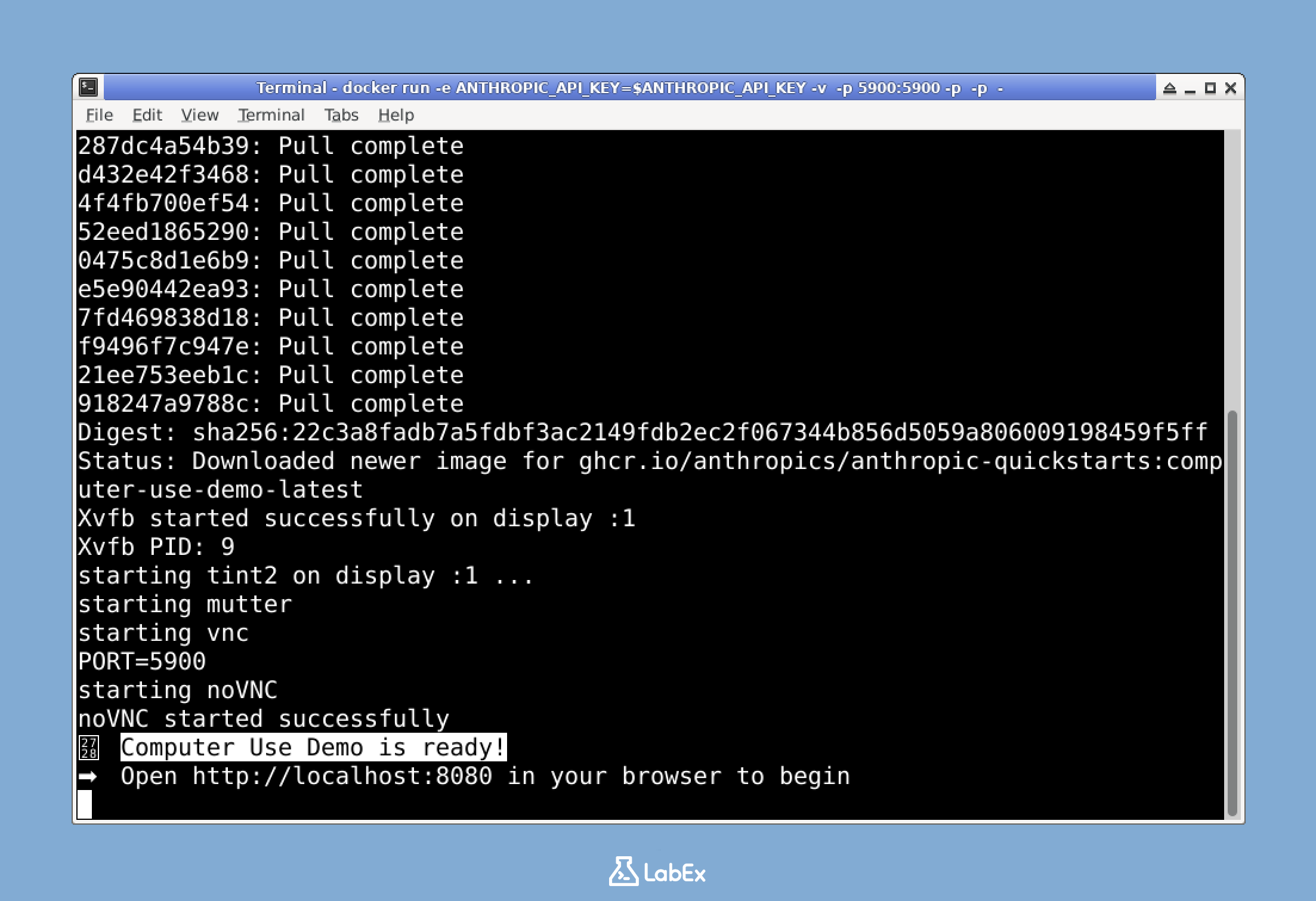 Mensagem de pronto da Demonstração de Uso de Computador