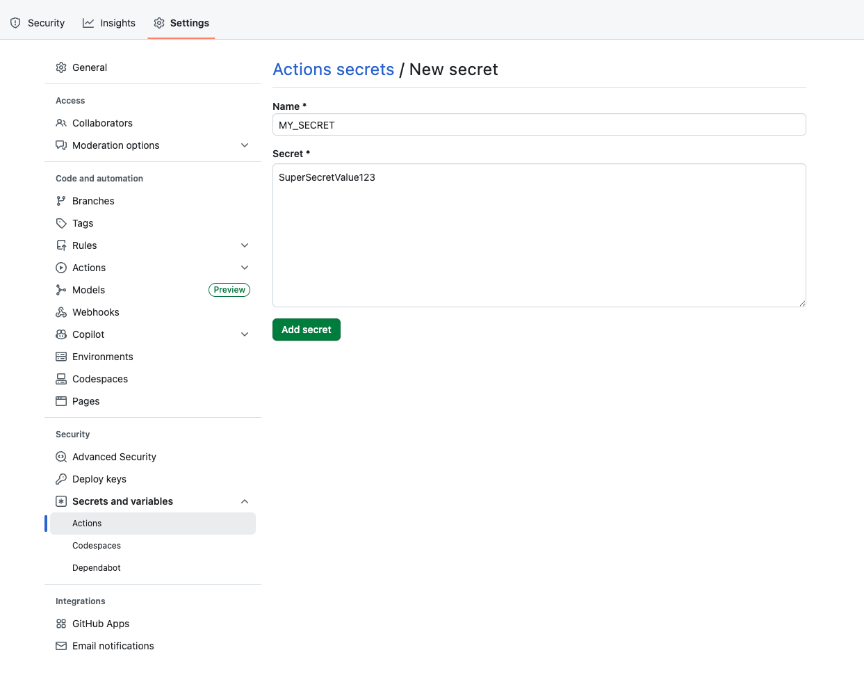 GitHub Actions secrets