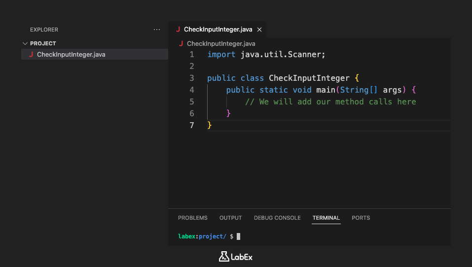 Screenshot of the Java file with basic class structure