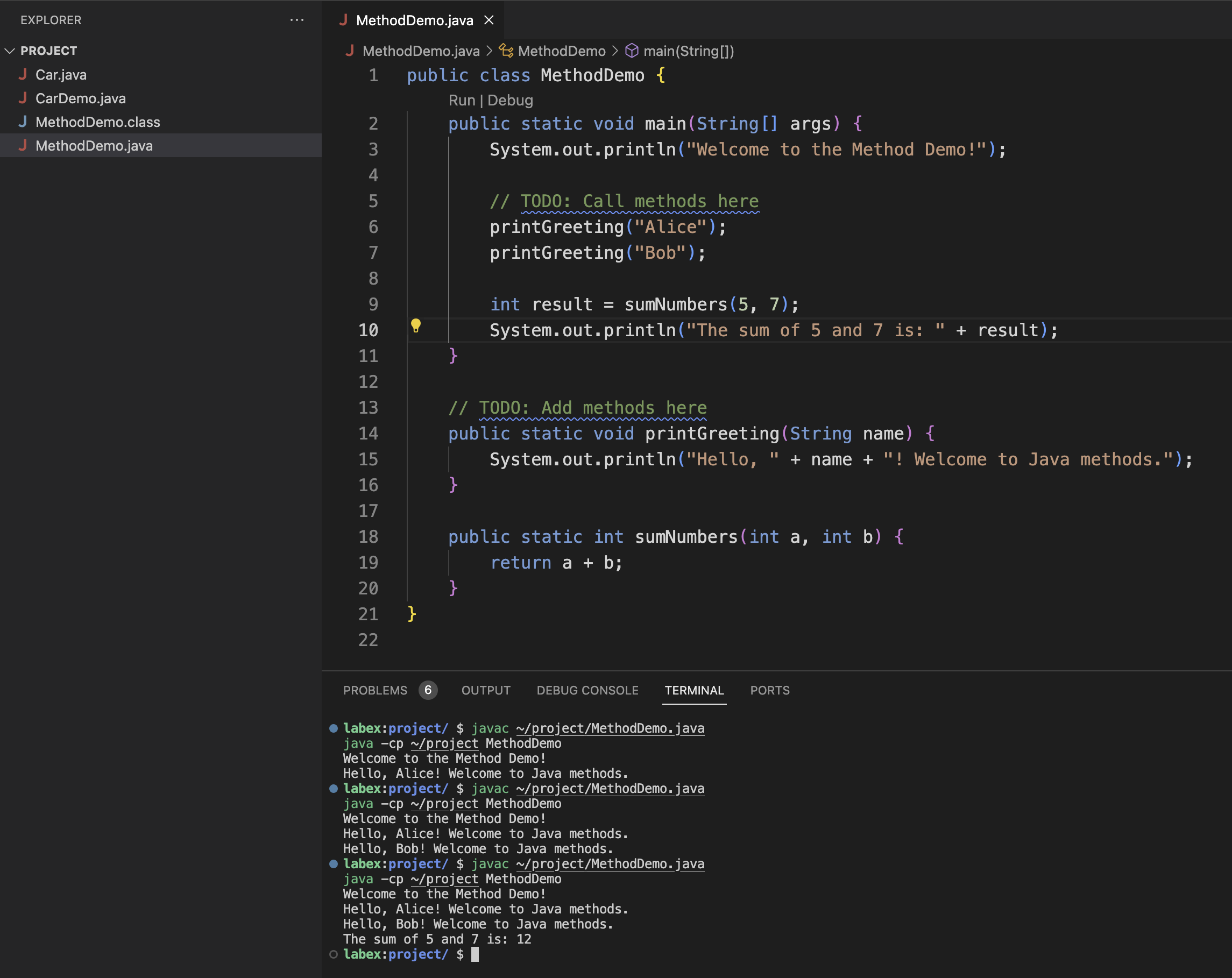 Java method output example