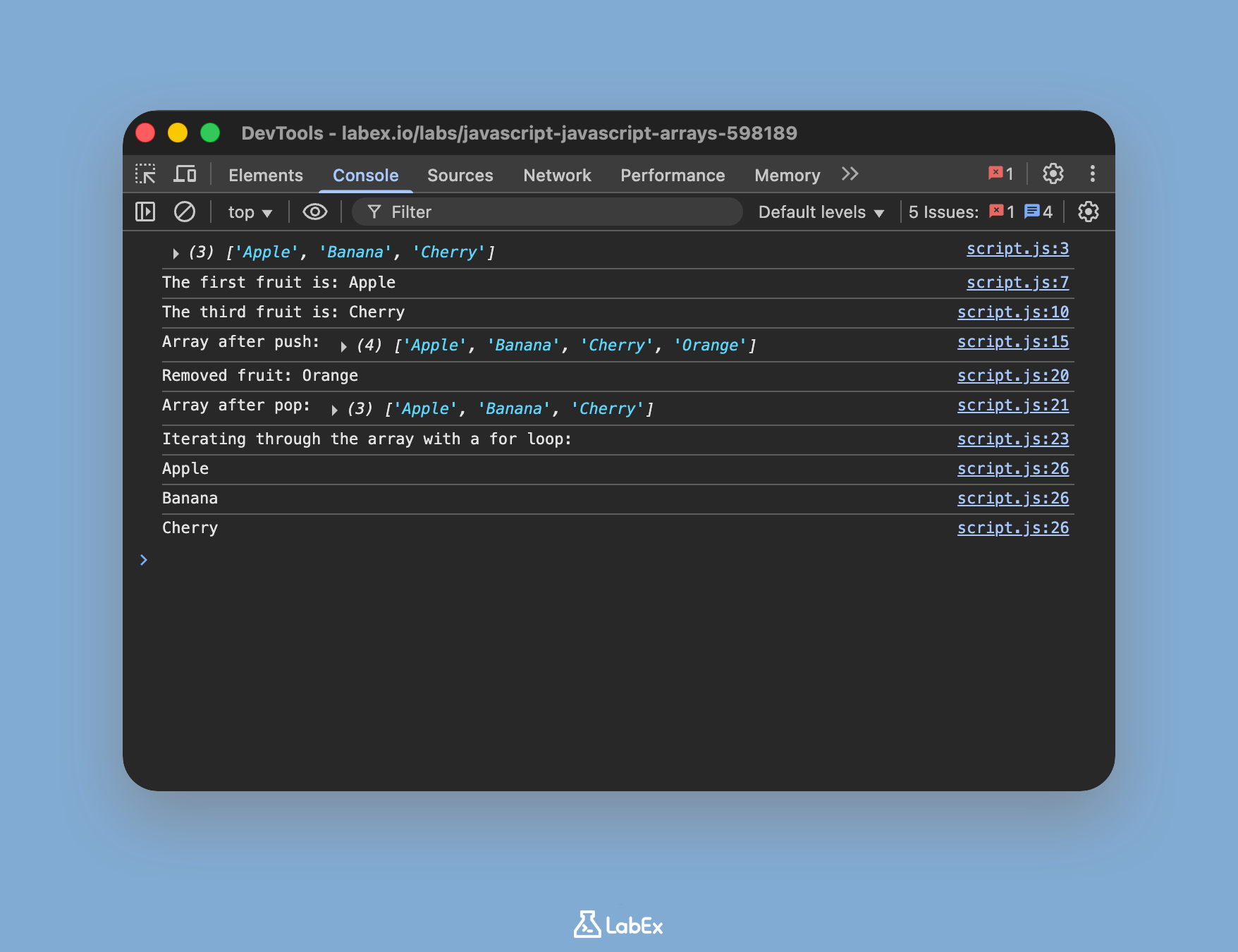 Console output showing fruits iterated by for loop