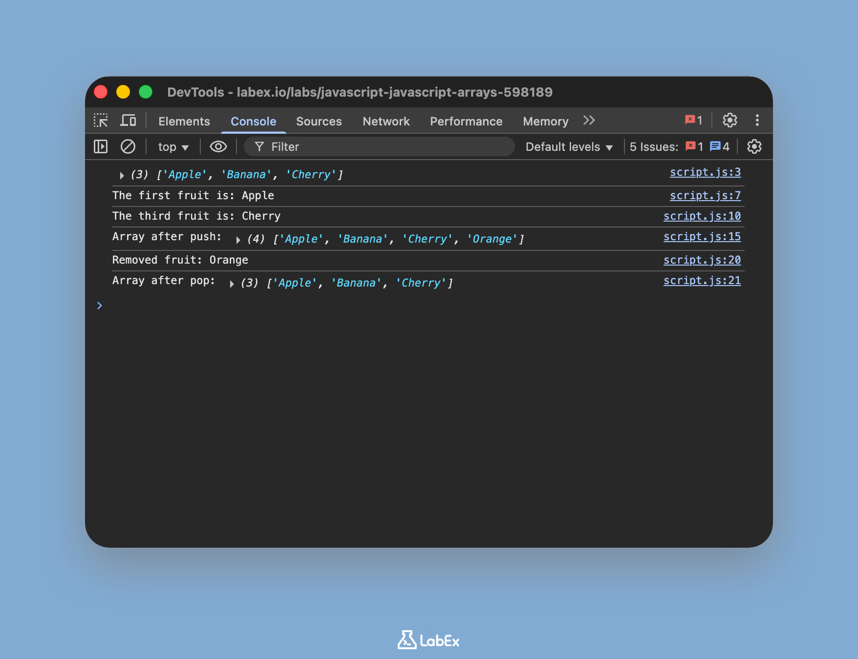 Console output showing array after pop