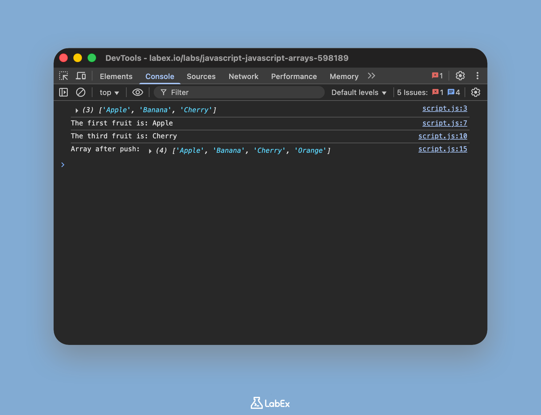 Console output showing fruits array after push