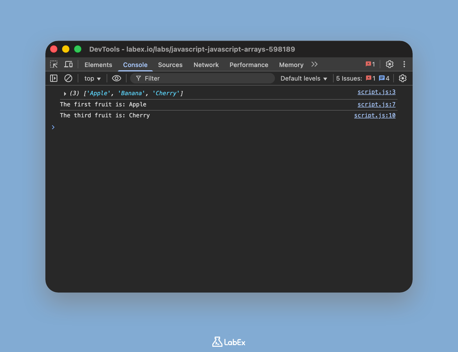 Developer console showing array access output