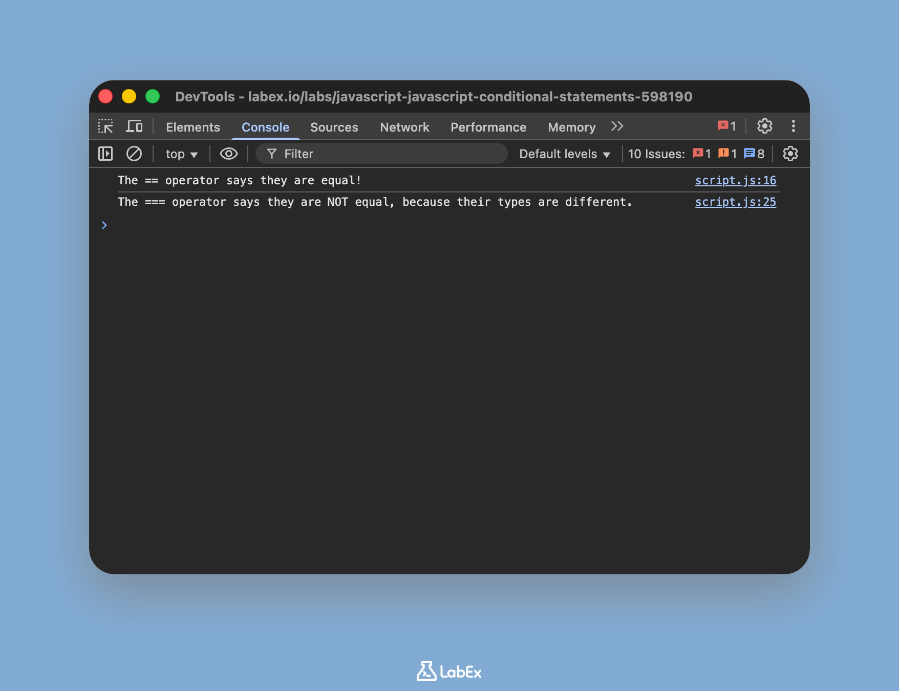 Developer console showing strict equality comparison result