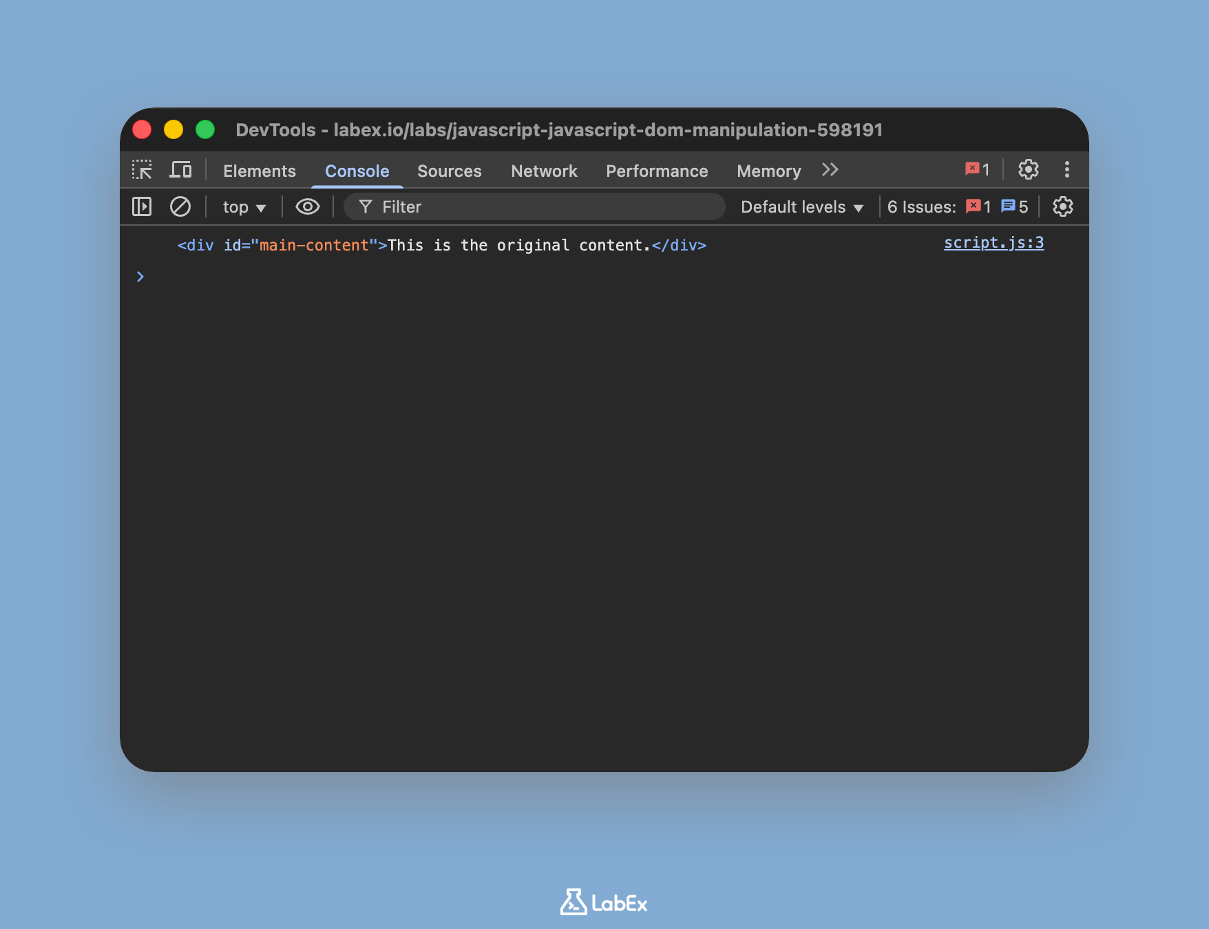Console showing selected div element