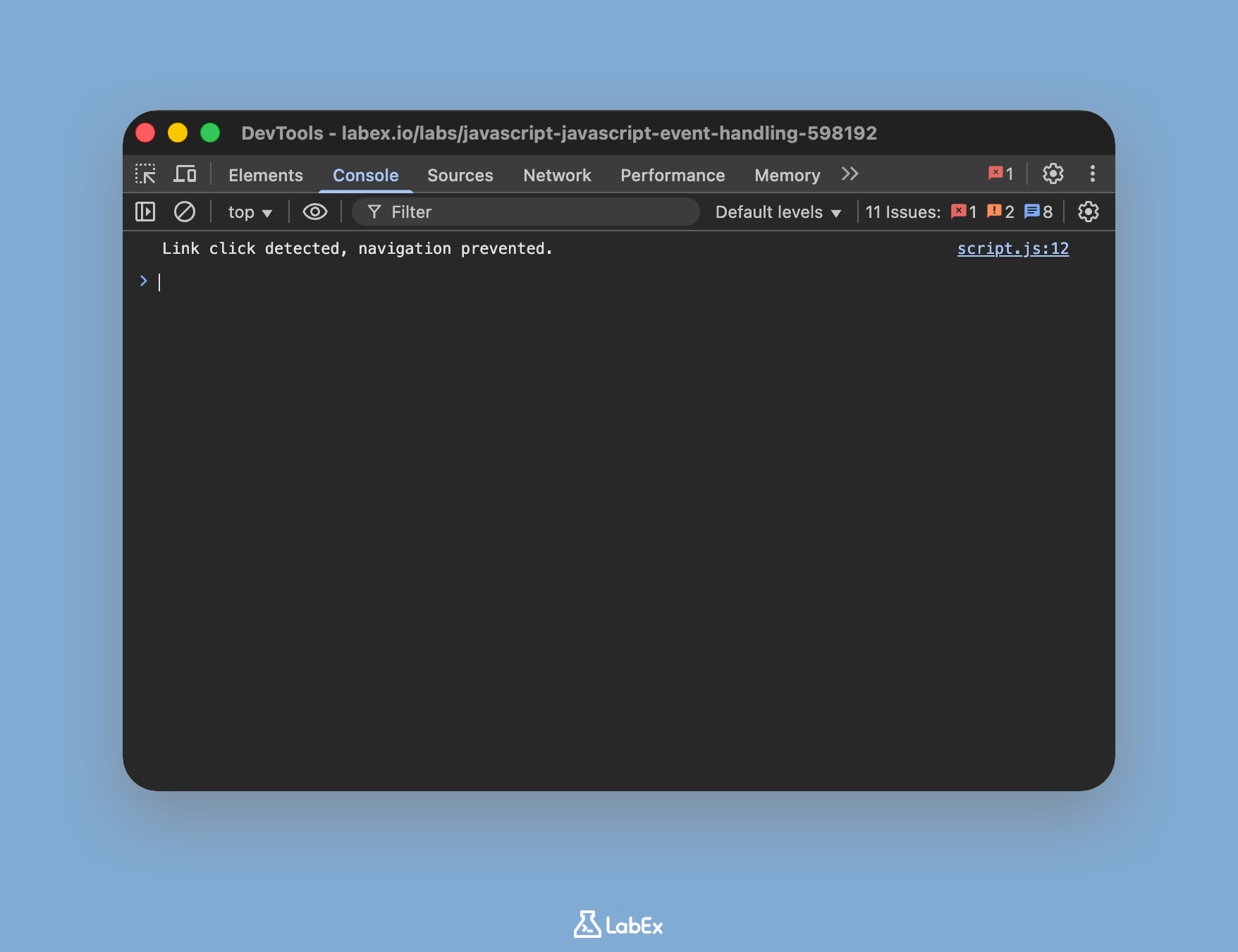 Console output showing link click prevented