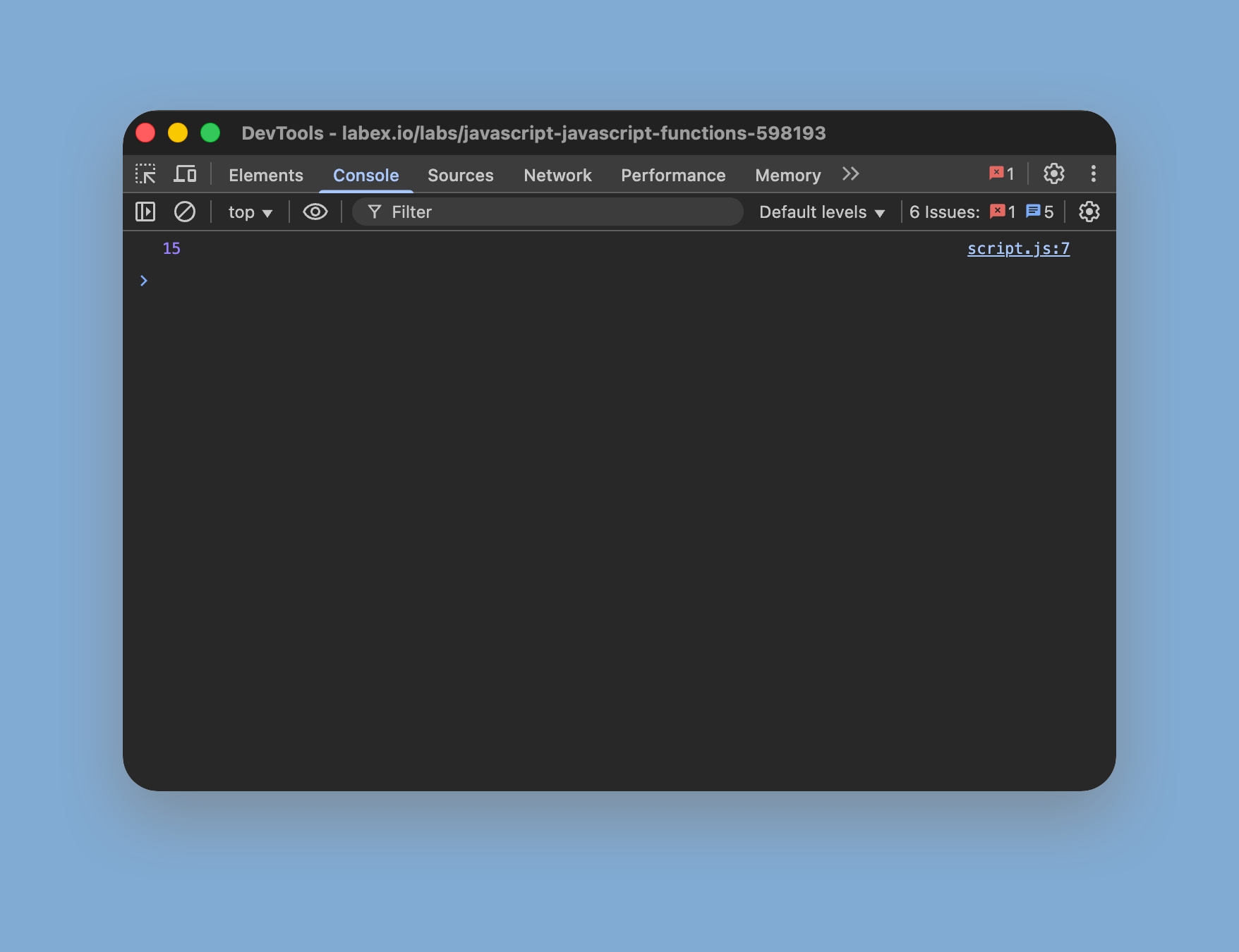 Console output showing the number 15