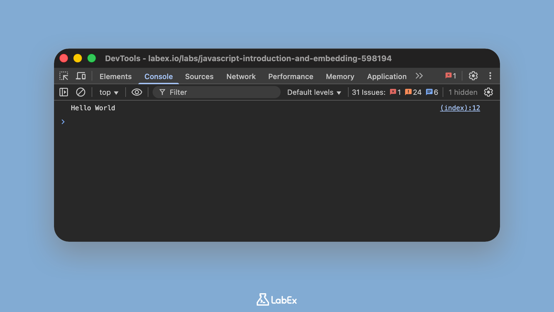 Console output showing Hello World
