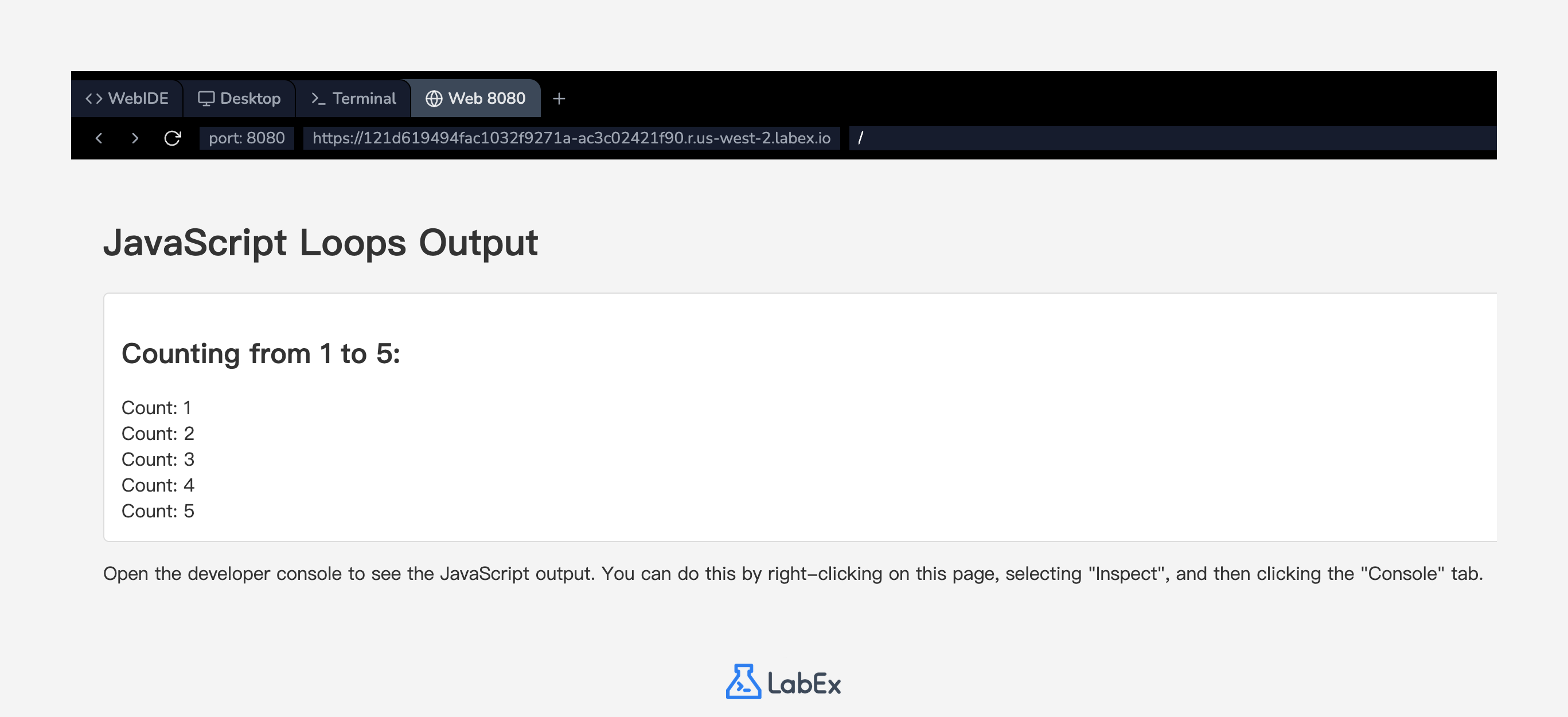 截图显示代码输出从 1 计数到 5