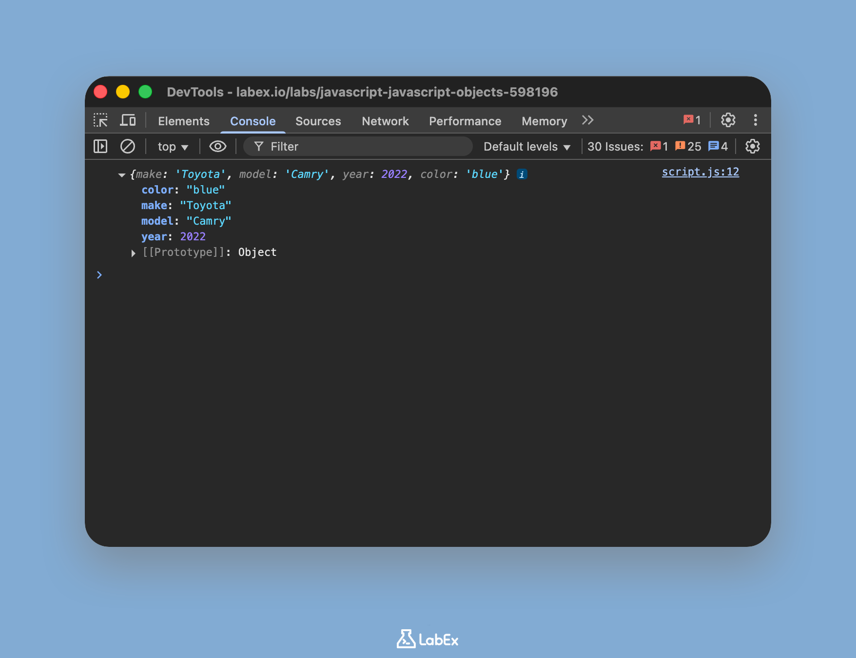 带有添加的 color 属性的 JavaScript car 对象