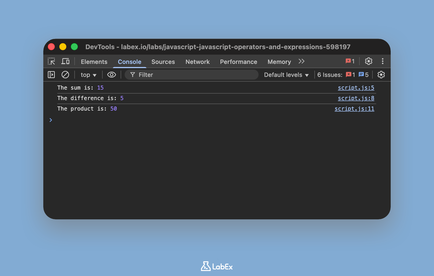 Console output showing difference and product