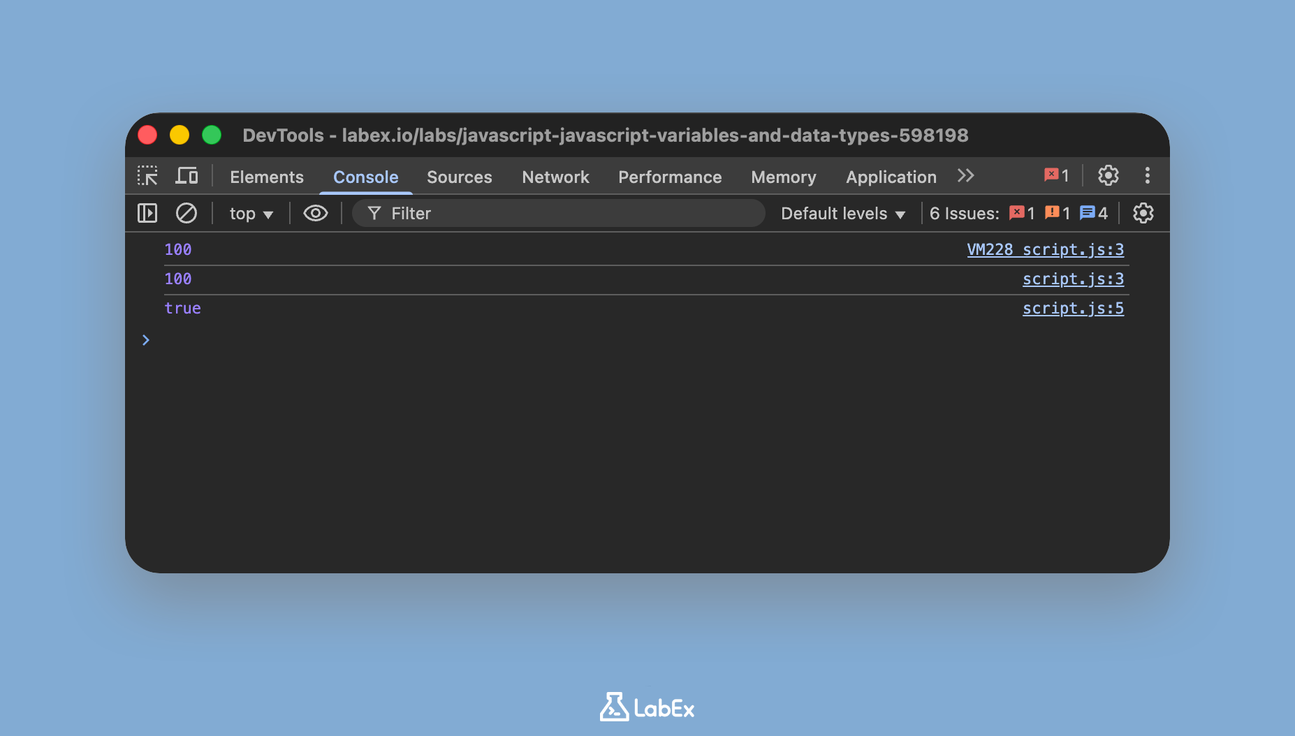 Console output showing boolean true