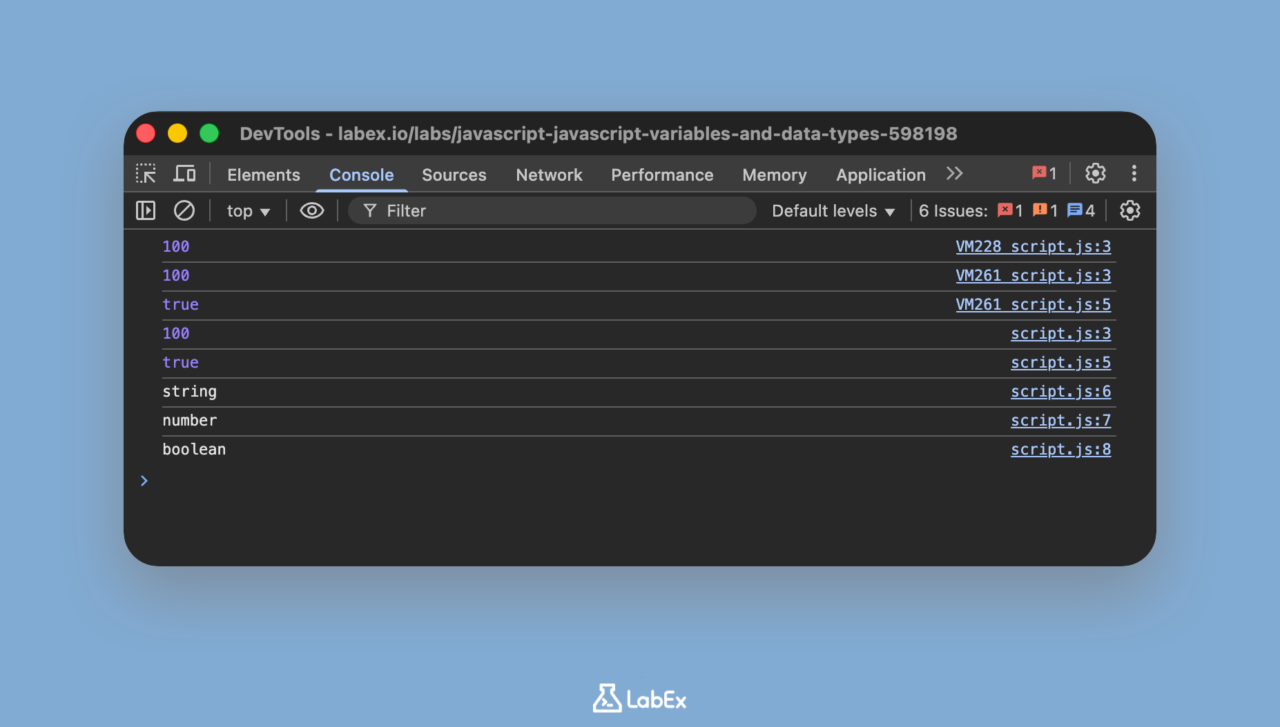 Console output showing variable types