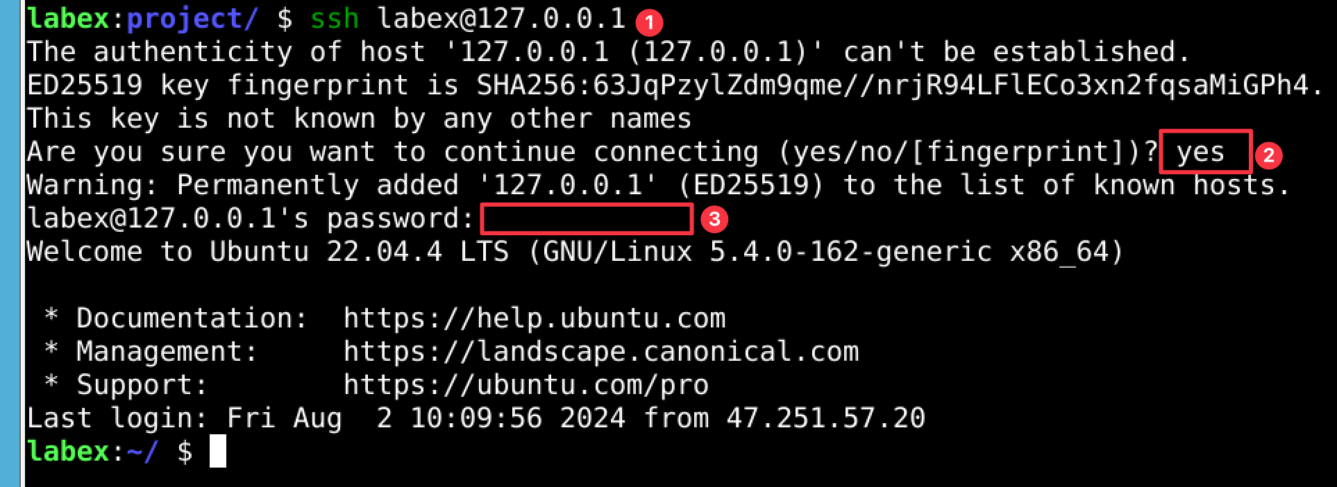 SSH connection terminal example