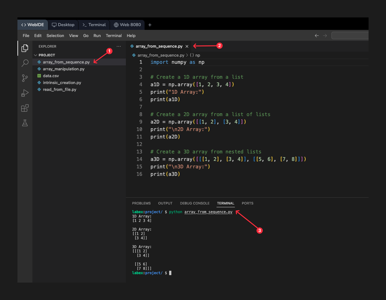 Код Python для создания массивов NumPy