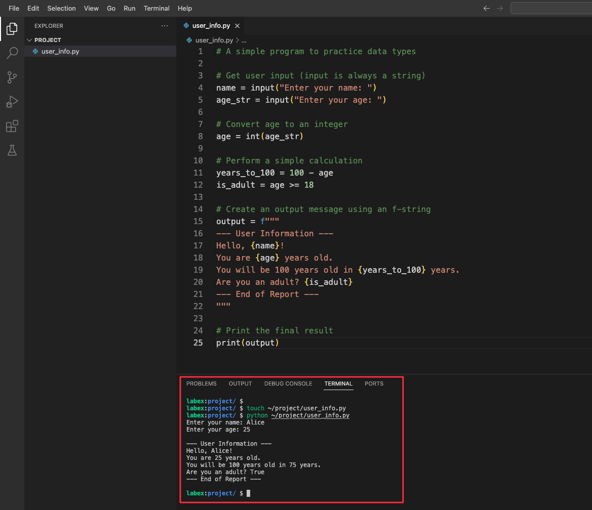 Program output example