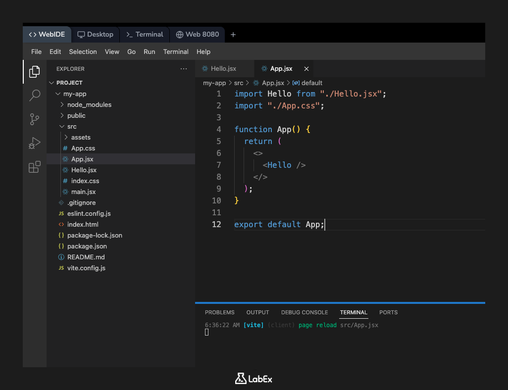 App JSX rendering Hello component
