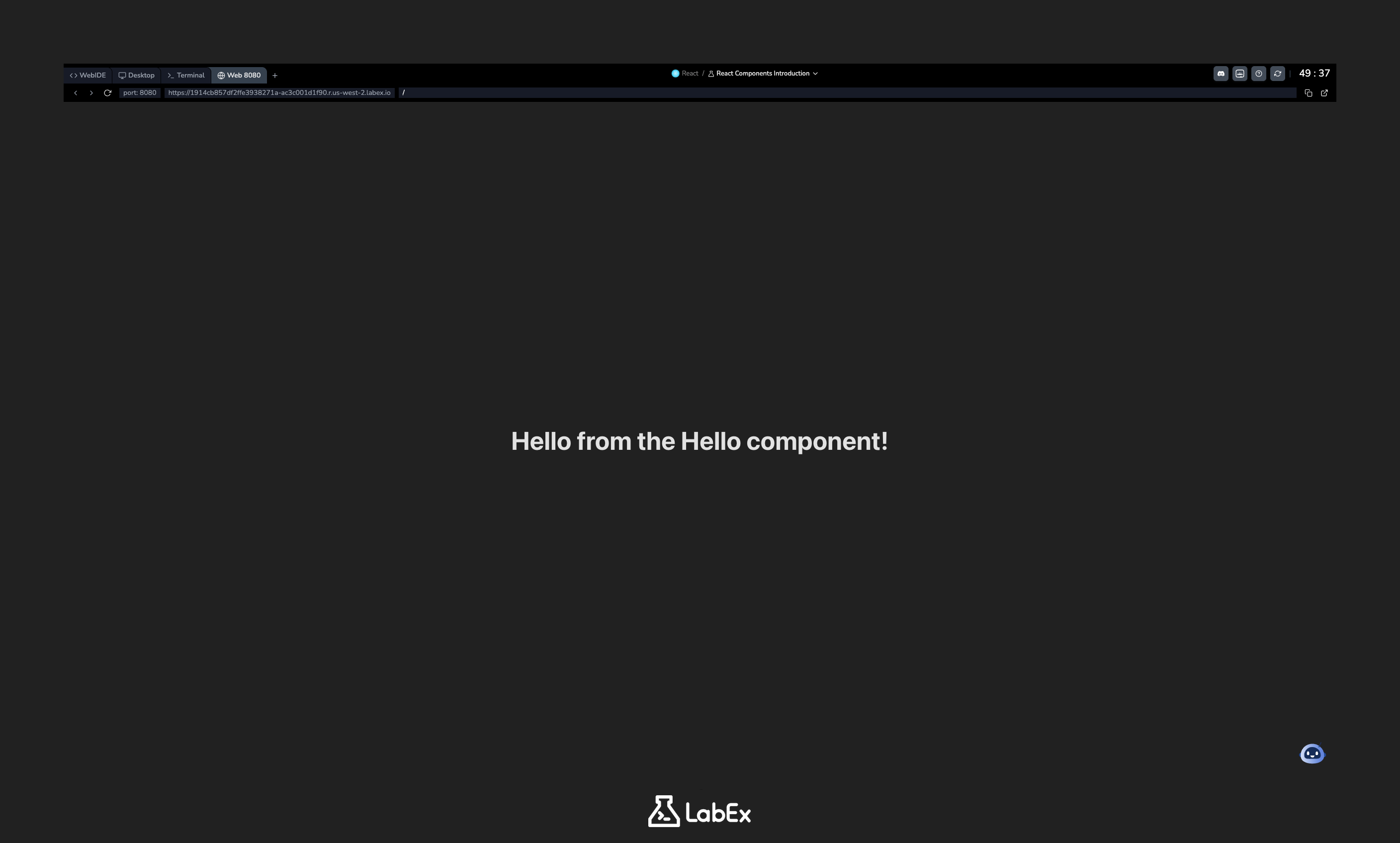 Browser displaying Hello from the Hello component