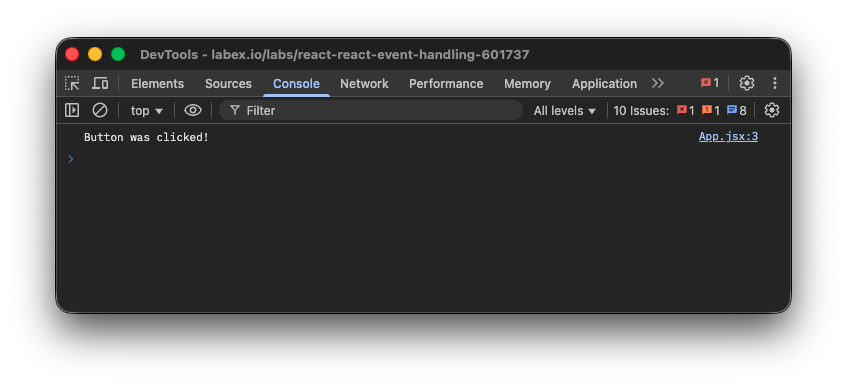 Console output showing button click message