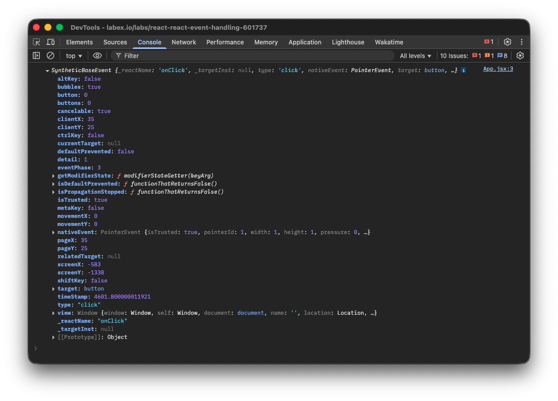 Console log showing React synthetic event object
