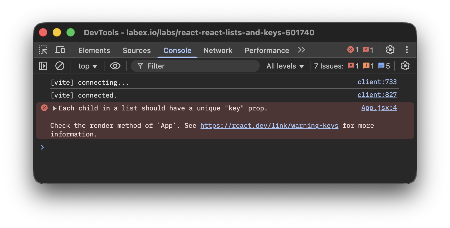 개발자 콘솔에서 누락된 key prop 에 대한 경고