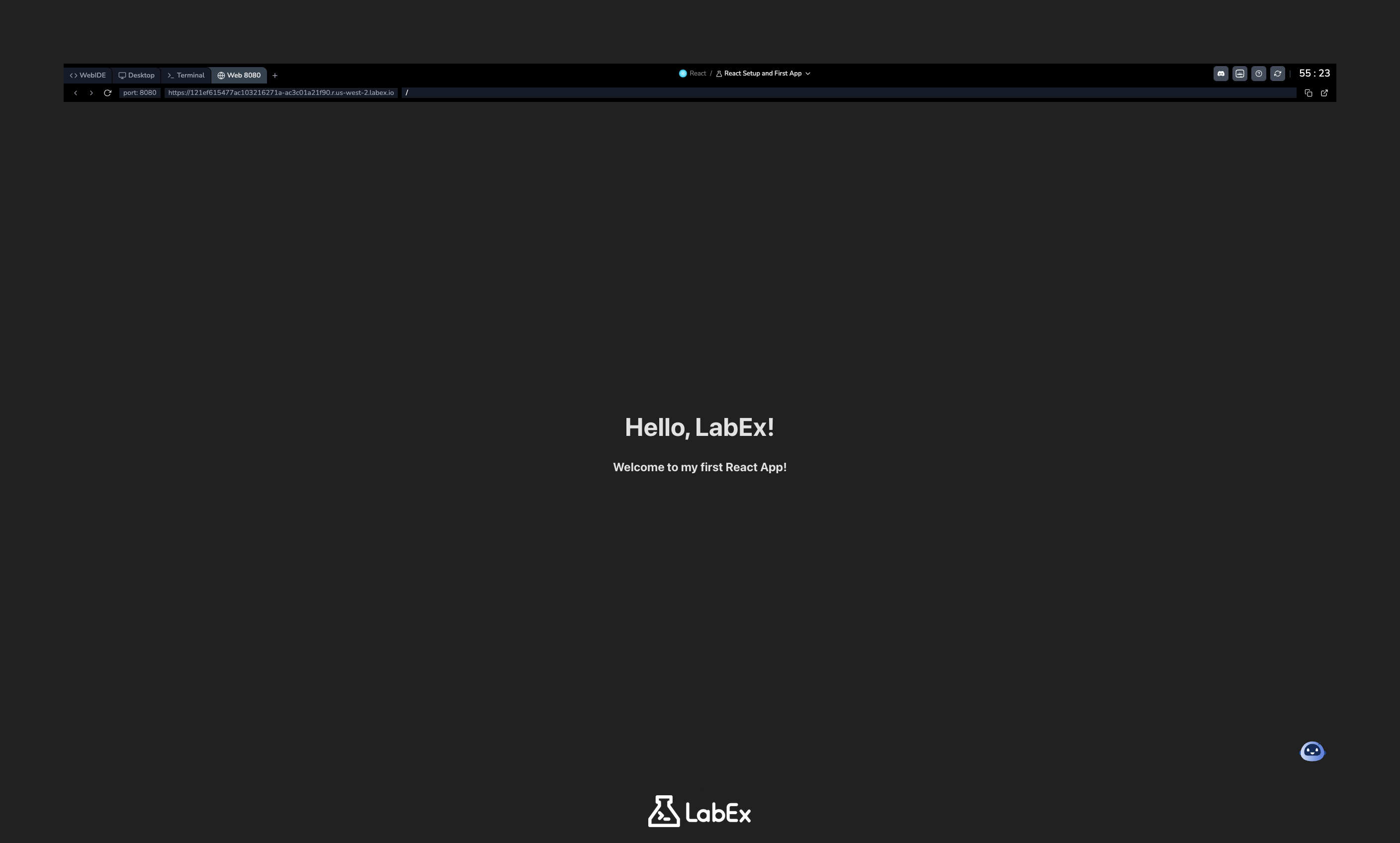 React 앱에 제목 아래 환영 메시지가 표시된 모습