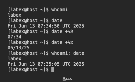 Screenshot of whoami and date commands output
