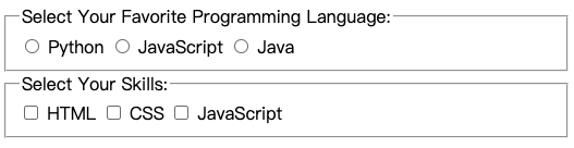 带有单选按钮和复选框的 HTML 表单
