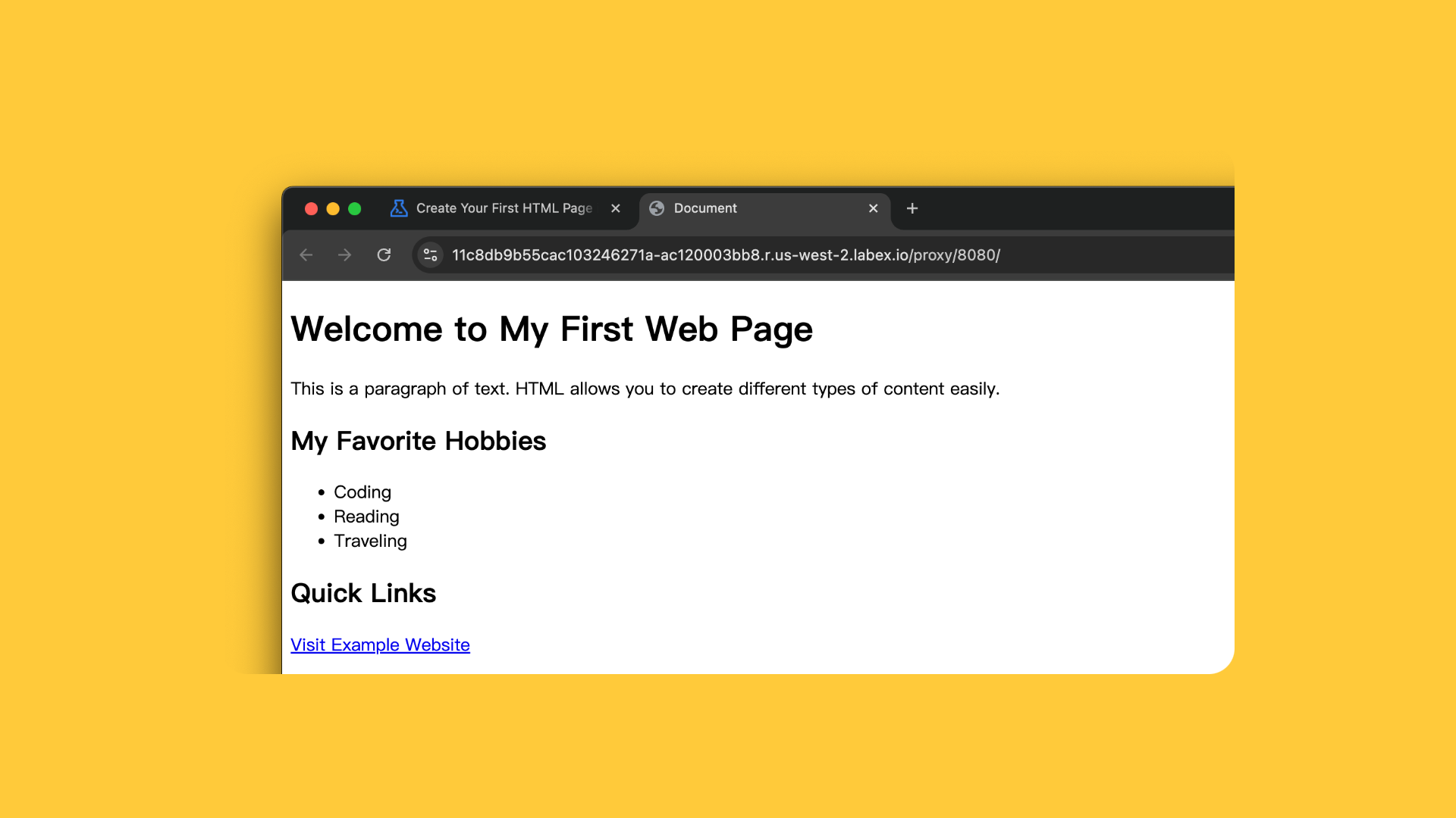 브라우저 탭에 렌더링된 HTML 페이지